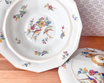 Vintage Lidded 1930s Limoges Birds of Paradise Porcelain Serving Bowl. Jewel Colored Floral and Bird Serving Bowl.