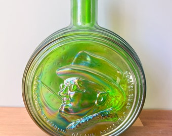 1970s Green Franklin Roosevelt Carnival Green Decanter Bottle.  First Edition Commemorative Wheaton Glass. Vintage Colored Glass Decanter