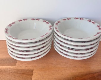 Set of Small Red Leaf Vintage Berry Bowl.  Red and White Railroad Restaurant Ware Bowls.