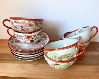 Vintage Japanese Tea Set. Kutani Style Tea Cups and Saucers. Asian Geisha Porcelain Tea Service.