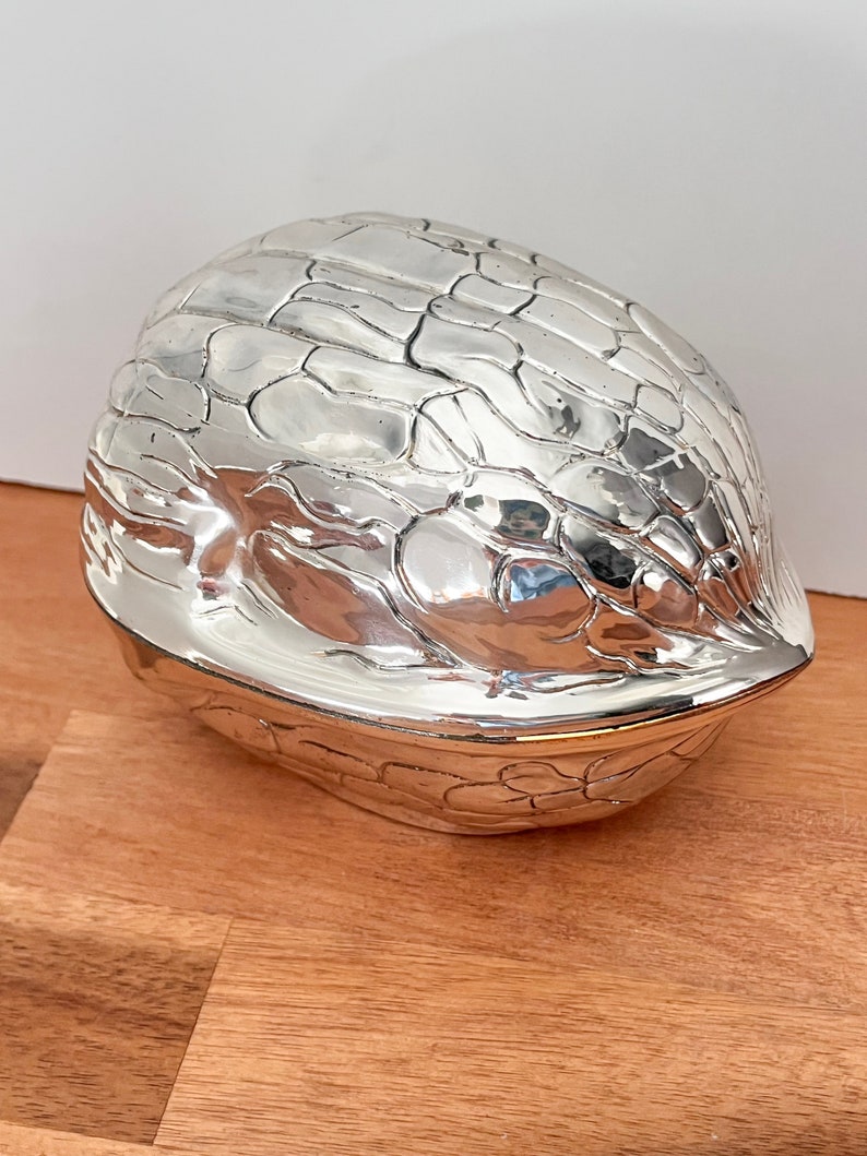 Large Silverplate Walnut Box. Metal Nut Dish. image 1