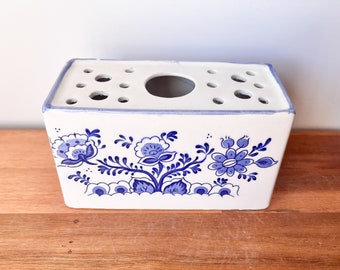 Vintage Rectangle Ceramic Blue Danube Flower Frog. Blue and White Floral Block Vase.