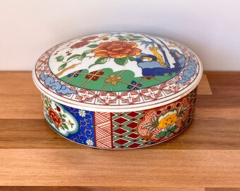 Vintage Porcelain Lidded Trinket Box. Colorful Japanese Porcelain Storage Box. Vintage Jewelry Dish.