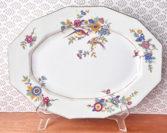 Vintage Jewel Colored Floral and Bird Platter. 1930s Limoges Birds of Paradise Porcelain Serving Platter.