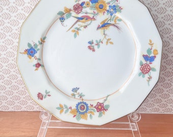 Jewel Toned White and Cream Birds of Paradise Plates. 1930s Limoges Porcelain Salad Dishes.