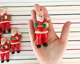 Mid Century Set of Hard Plastic Santa Ornaments. Vintage Santa Ornaments. Vintage Christmas Decor.