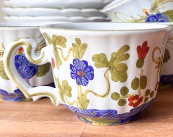 Set of 8 CACF Faenza Blue Carnation Tea Cups and Saucers. Hand painted Blue, Green and Orange Italian Pottery.
