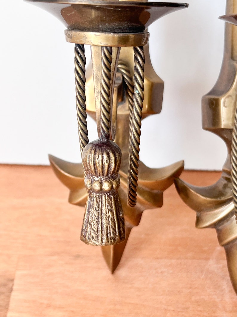 Pair of Petite Brass Arrow and Rope Tassel Wall Sconces. Vintage Brass Wall Decor. Pair of Matching Candle Sconces for Wall. image 2