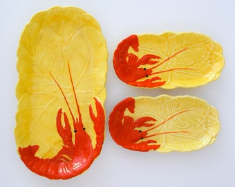 Vintage Maruhon Ware Hand Painted Lobster/Crawfish Plates and Platter. Majolica Style Plate Wall Decor. Vintage Kitchen Decor.