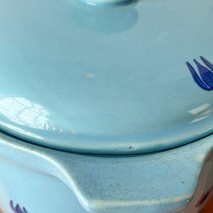 Robin Blue Lidded Crock with Cobalt Tulips. 1960s Cronin Pottery Lidded Pot. Blue Tulip Vintage Cookie Jar. image 8