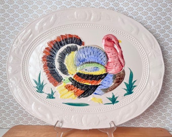 1960s Colorful Hand Painted Turkey Platter.  Mid Century Oval Turkey Platter.  Vintage Thanksgiving Tray Made in Japan.