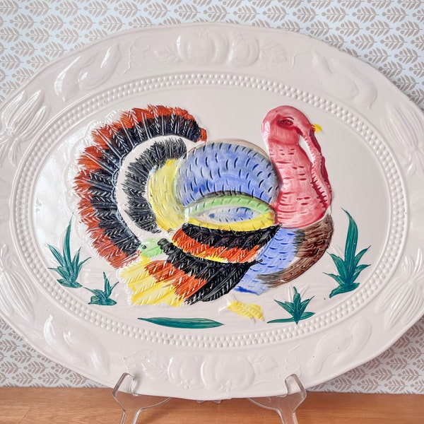 1960s Colorful Hand Painted Turkey Platter.  Mid Century Oval Turkey Platter.  Vintage Thanksgiving Tray Made in Japan.