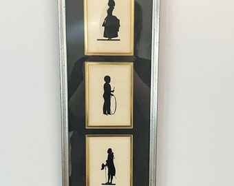 Vintage Framed Trio Silhouettes of Colonial Man, Woman and Child