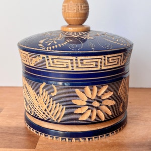Hand Carved Wooden Floral Blue Lidded Box. Round Mexican Carved Wooden Trinket Box. image 1