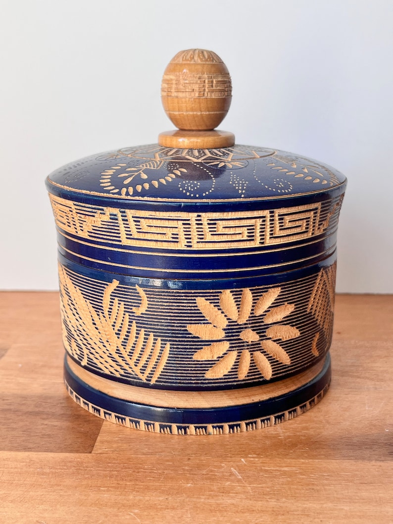 Hand Carved Wooden Floral Blue Lidded Box. Round Mexican Carved Wooden Trinket Box. image 1