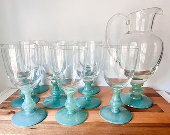 Vintage Jade Green Stemmed Water Goblets and Pitcher. Villeroy and Boch Isabelle Glasses. Vintage Green Glassware Set.