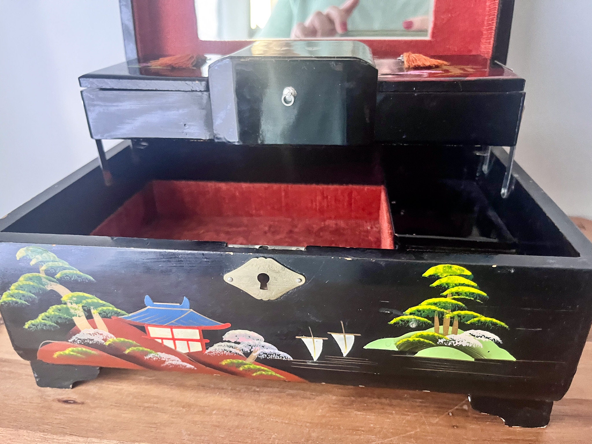 1950s Japanese Black Wooden Jewelry Music Box With Mid