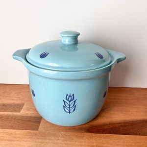 Robin Blue Lidded Crock with Cobalt Tulips. 1960s Cronin Pottery Lidded Pot. Blue Tulip Vintage Cookie Jar. image 1