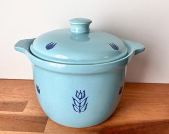 Robin Blue Lidded Crock with Cobalt Tulips. 1960s Cronin Pottery Lidded Pot. Blue Tulip Vintage Cookie Jar.