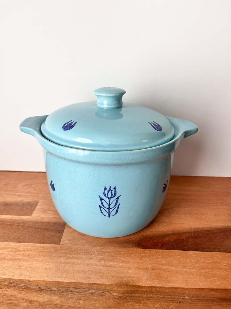 Robin Blue Lidded Crock with Cobalt Tulips. 1960s Cronin Pottery Lidded Pot. Blue Tulip Vintage Cookie Jar. image 1