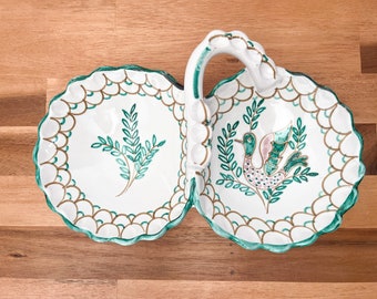 Mid Century Handmade Italian Ceramic Divided Dish. Scalloped Edge Ceramic Catchall Dish.