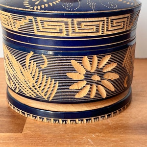 Hand Carved Wooden Floral Blue Lidded Box. Round Mexican Carved Wooden Trinket Box. image 2