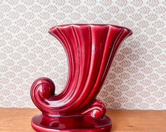 Vintage Cornucopia Vase. Glazed Red Vase. Vintage USA Pottery.