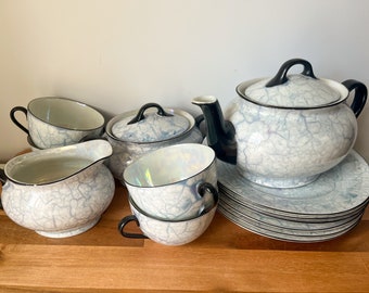 Vintage Blue and White Tea Set. Art Deco Czech Porcelain Lusterware. Pearlized 1920s Tea Pot and Tea Cups with Desert Plates