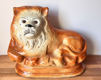 Late 19th Century Victorian Staffordshire Lion. Brown Earthenware Antique Lion Figurine.