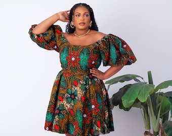 African Print Off Shoulder Box-Pleat Midi Dress - Shade