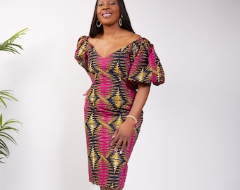 Pink Off Shoulder Puff Sleeve Knee Length Bodycon Fitted African Print Dress