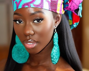 Handmade African Print Headwrap with Matching Green Rattan Earring