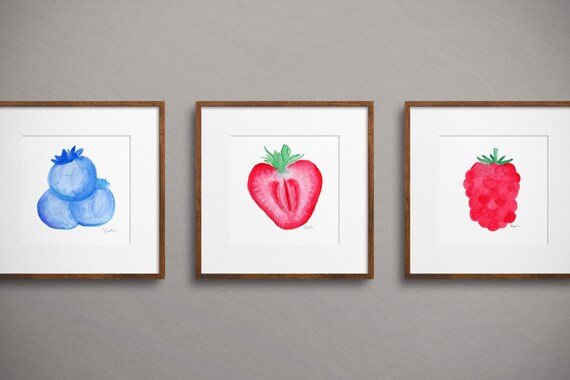 Three Berries Watercolor Paintings Wall Art Home Decor DIGITAL Download Art Printable Set of 3 Blueberry Raspberry Strawberry
