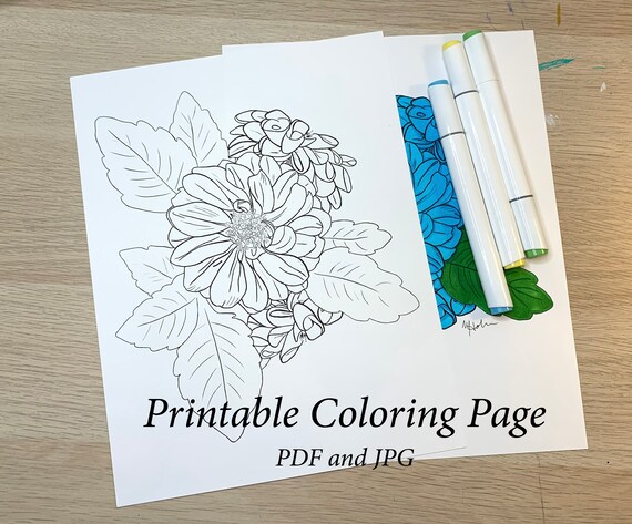Flower Dahlia Coloring Page for kids and adults, printable pdf or jpeg