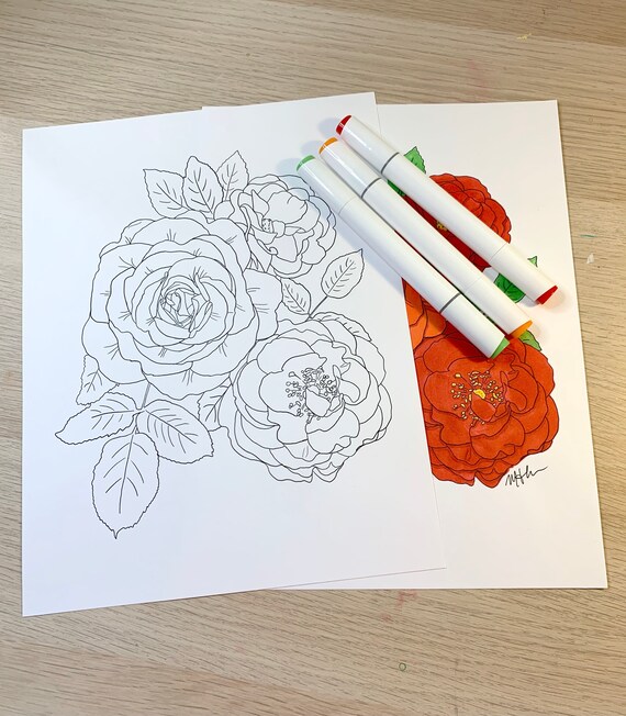 Rose Coloring Page Digital Download PDF JPG, for kids teens adults