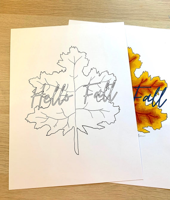 Coloring Page Digital Download Printable, Hello Fall Leaf, PDF JPG