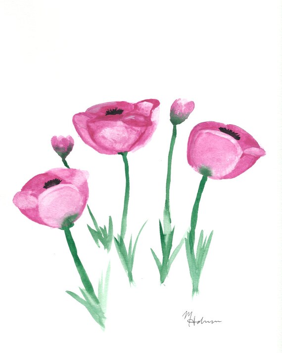 Poppy Flower Art Printable Digital Download, Home Decor Wall Art, Pink Poppies 8x10 watercolor painting, Floral Art, Pink plant, garden