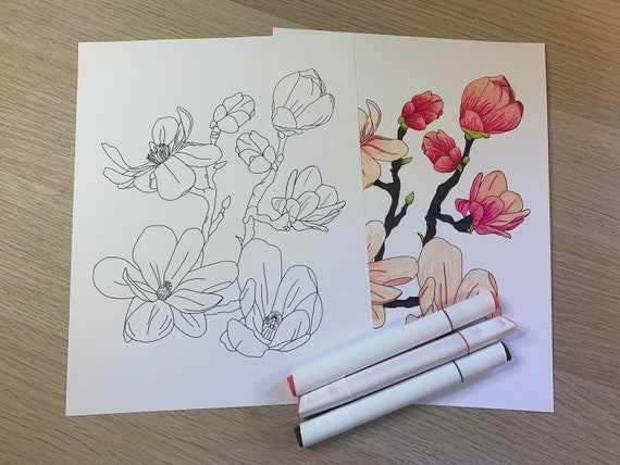 Flower Magnolia Coloring Page PDF or JPG digital download