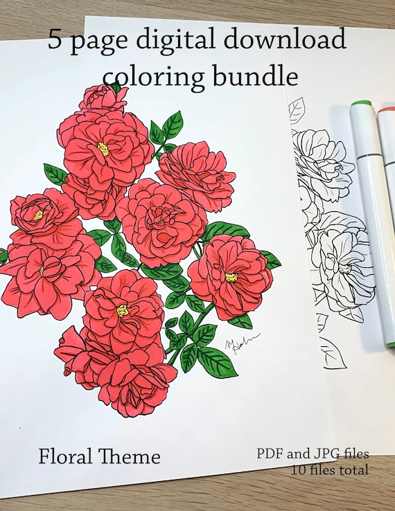 Coloring Pages Digital Download, 5 PDFs and 5 jpgs, Floral Theme, Roses, Dahlia, Daisy, Sunflower