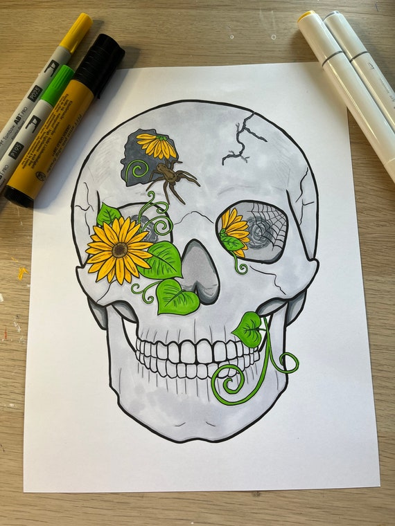 Coloring Page Digital Download Printable, Halloween Skull Creepy Spider