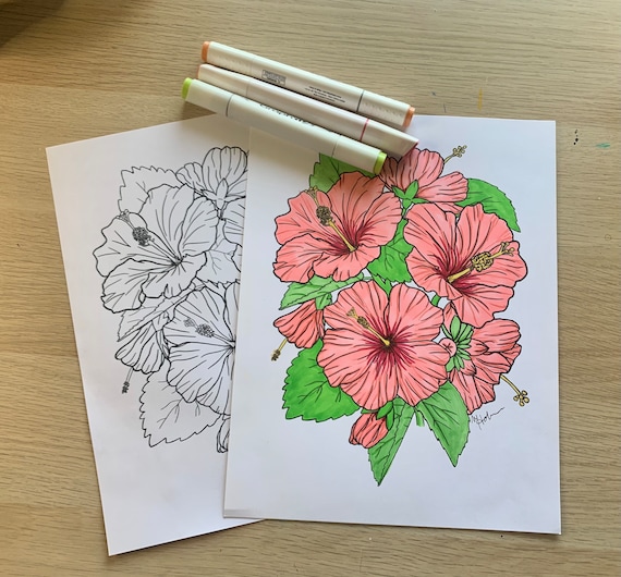 Hibiscus Coloring Page for kids and adults, floral plant, digital download pdf or jpeg
