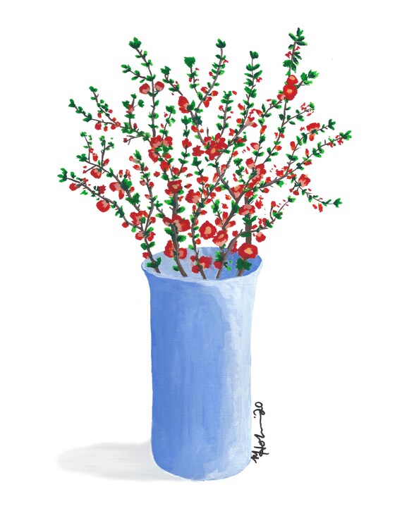 Red Blossom Branches Digital Download Art Printable Gouache Painting, 5x7, 8x10, 11x14