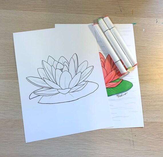 Digital Download Printable Coloring Page water lily lotus for all ages