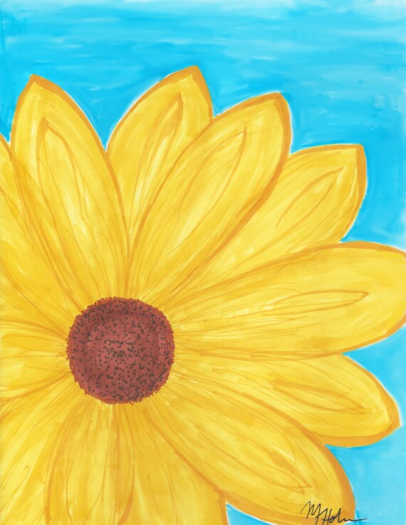 Sunflower Art Printable Digital Download, Wall Art Home Decor Sunflower Daisy Flower, Yellow Blue, Marker Drawing Painting, Simple 8x10 9x11