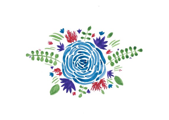 Blue Rose Bouquet Flower Art Printable Digital Download Wall Art Home Decor 6x4, plant leaf red green colorful watercolor