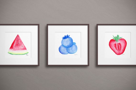 Fruit Art Printable Digital Download Watercolor Paintings Watermelon Strawberry Blueberry Square Dimensions Set of 3