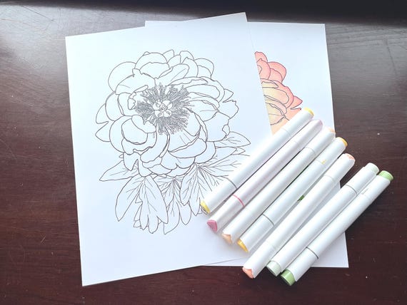 Coloring Page for kids and adults, peony flower plant, digital download pdf or jpeg