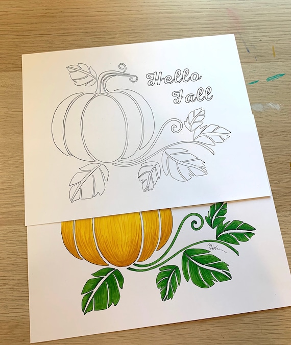 Digital Download Printable Coloring Page Hello Fall Pumpkin for Autumn Halloween Thanksgiving
