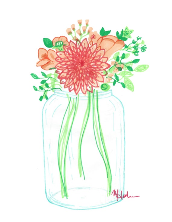 Flowers in a Jar Floral Art Printable Digital Download Wall Art Home Decor 8x10 8.5x11 4x5 9x12 Orange red peach green drawing painting