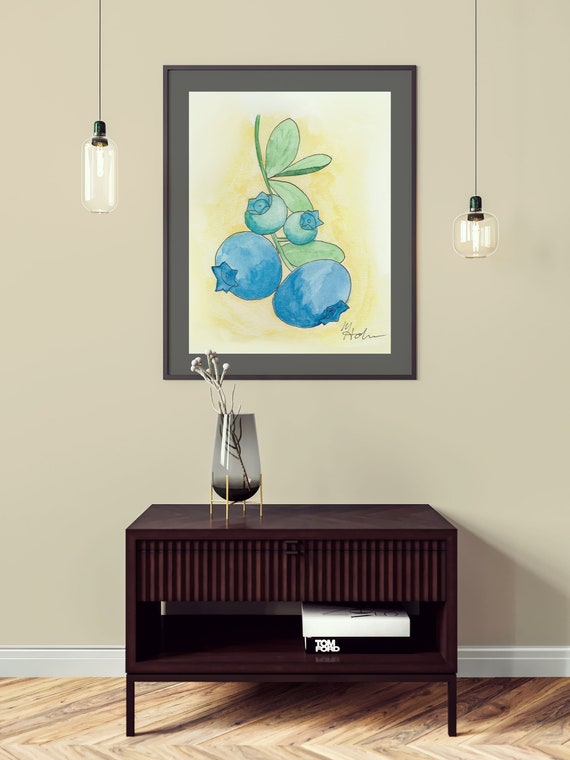 Blueberry Art Printable DIGITAL Download Home Decor Wall Art Watercolor Painting Pen Drawing 8x10 8.5x11 9x12 5x7 4x6 botanical fruit food